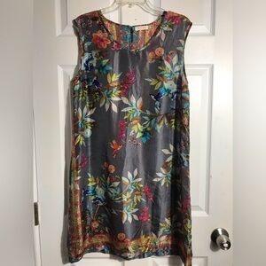 Johnny Was Gray Floral Silk Slip Dress with Multicolor Bird Print S